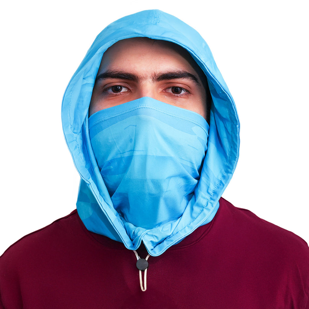Person Wearing Cool Capi CapiShield UPF 50 Breathable Unisex Head Cover Sun Protection in Blue -  Front View Man Face
