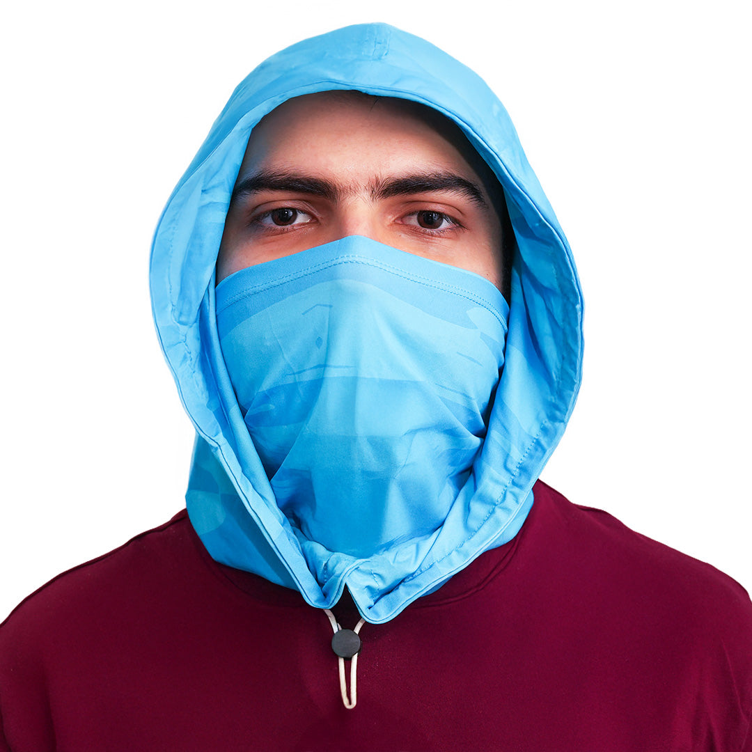 Person Wearing Cool Capi CapiShield UPF 50 Breathable Unisex Head Cover Sun Protection in Blue -  Front View Man Face