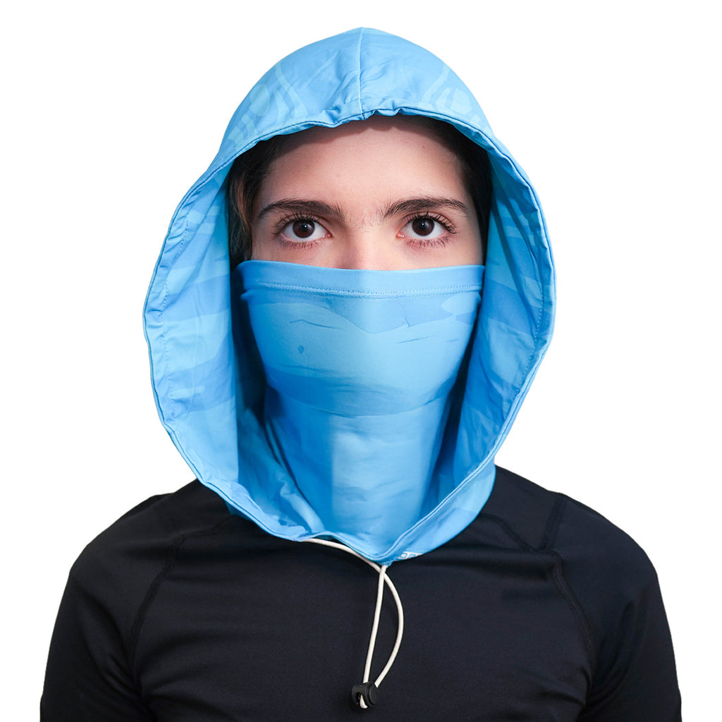 Person wearing Cool Capi CapiShield UPF 50 Breathable Unisex Head Cover Sun Protection in Blue -  Front View Woman Face