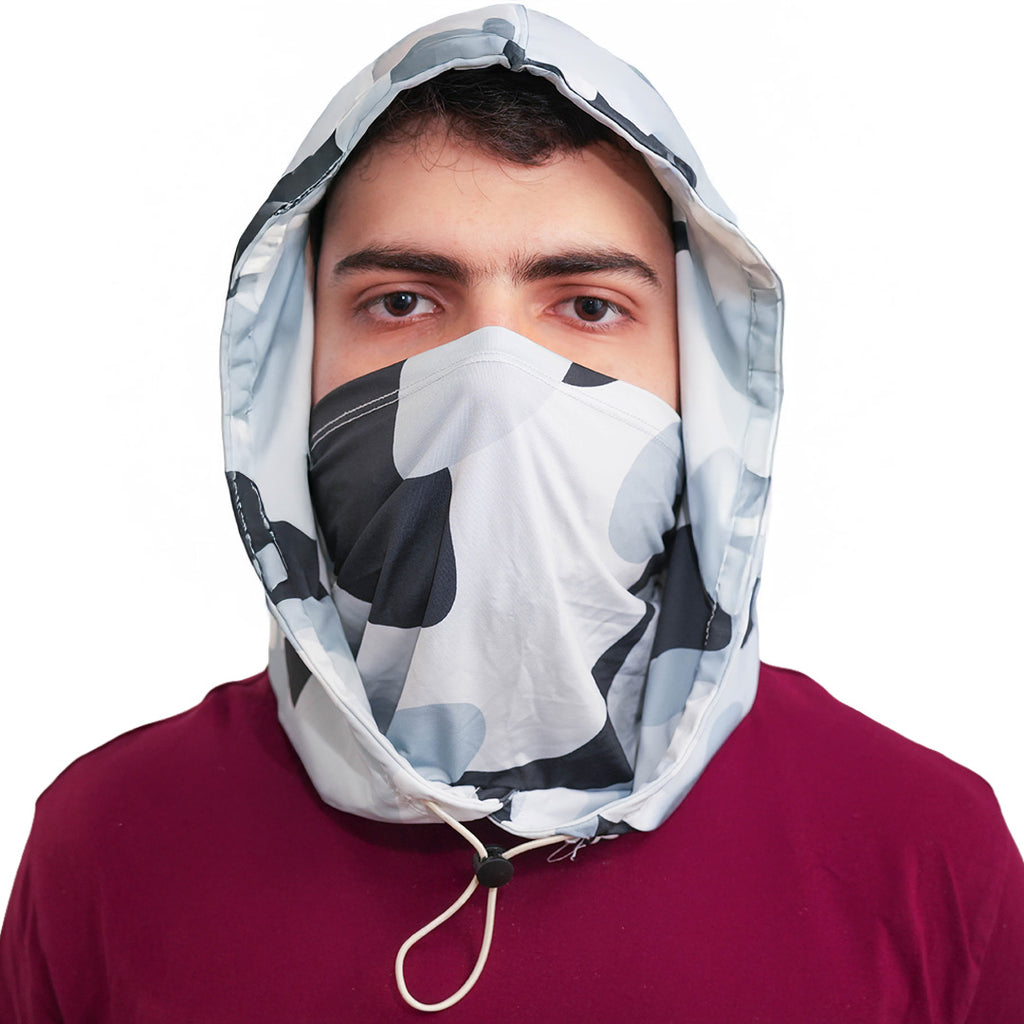 Person Wearing Cool Capi CapiShield UPF 50 Breathable Unisex Head Cover Sun Protection in Gray Camo -  Front View Man Face
