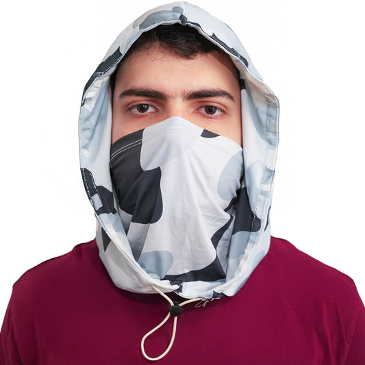 Person Wearing Cool Capi CapiShield UPF 50 Breathable Unisex Head Cover Sun Protection in Gray Camo -  Front View Man Face