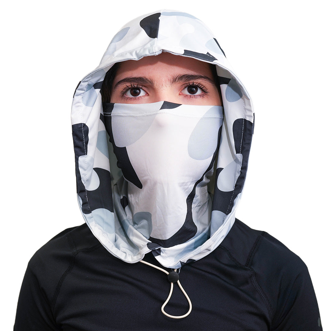 Person wearing Cool Capi CapiShield UPF 50 Breathable Unisex Head Cover Sun Protection in Gray Camo -  Front View Woman Face